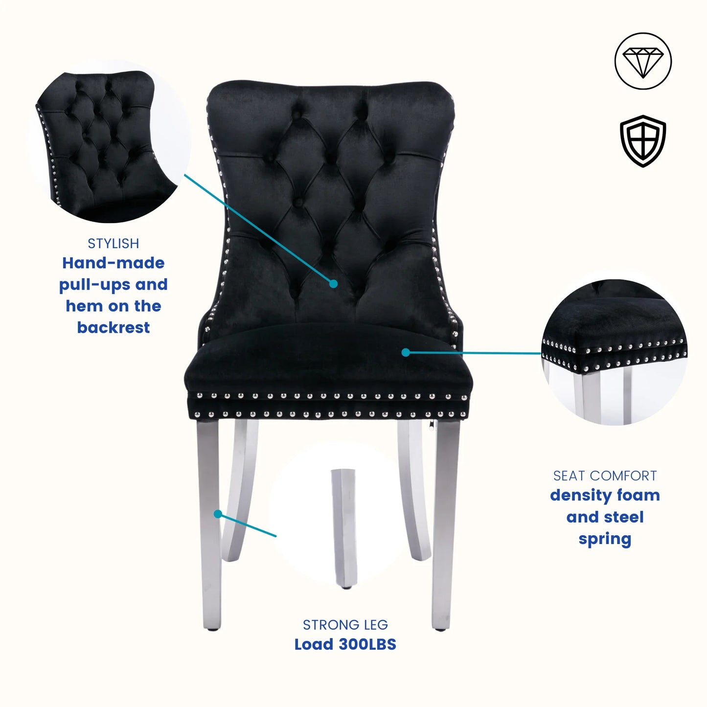 Sumdeal Velvet Dining Chairs Set of 4, Tall Back Side Chair, Modern Upholstered High-end Tufted Side Chair with Button Back Ring,Black with Silver Leg