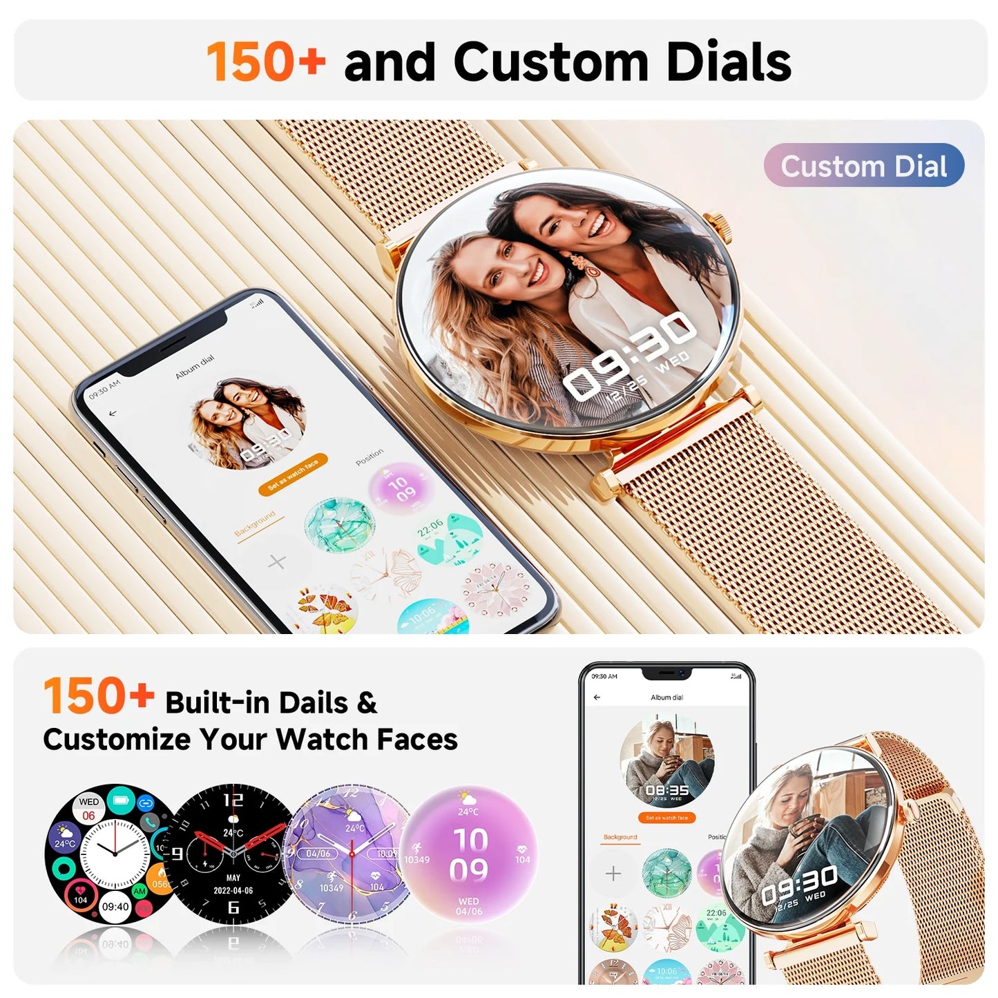 【AMOLED】Mingdaln Smart Watches for Women, for Android and Iphone Devices, IP68 Waterproof, 100 Sport Modes, 1.43-inch Fitness Tracker, with Answer/Make Calls, Gold