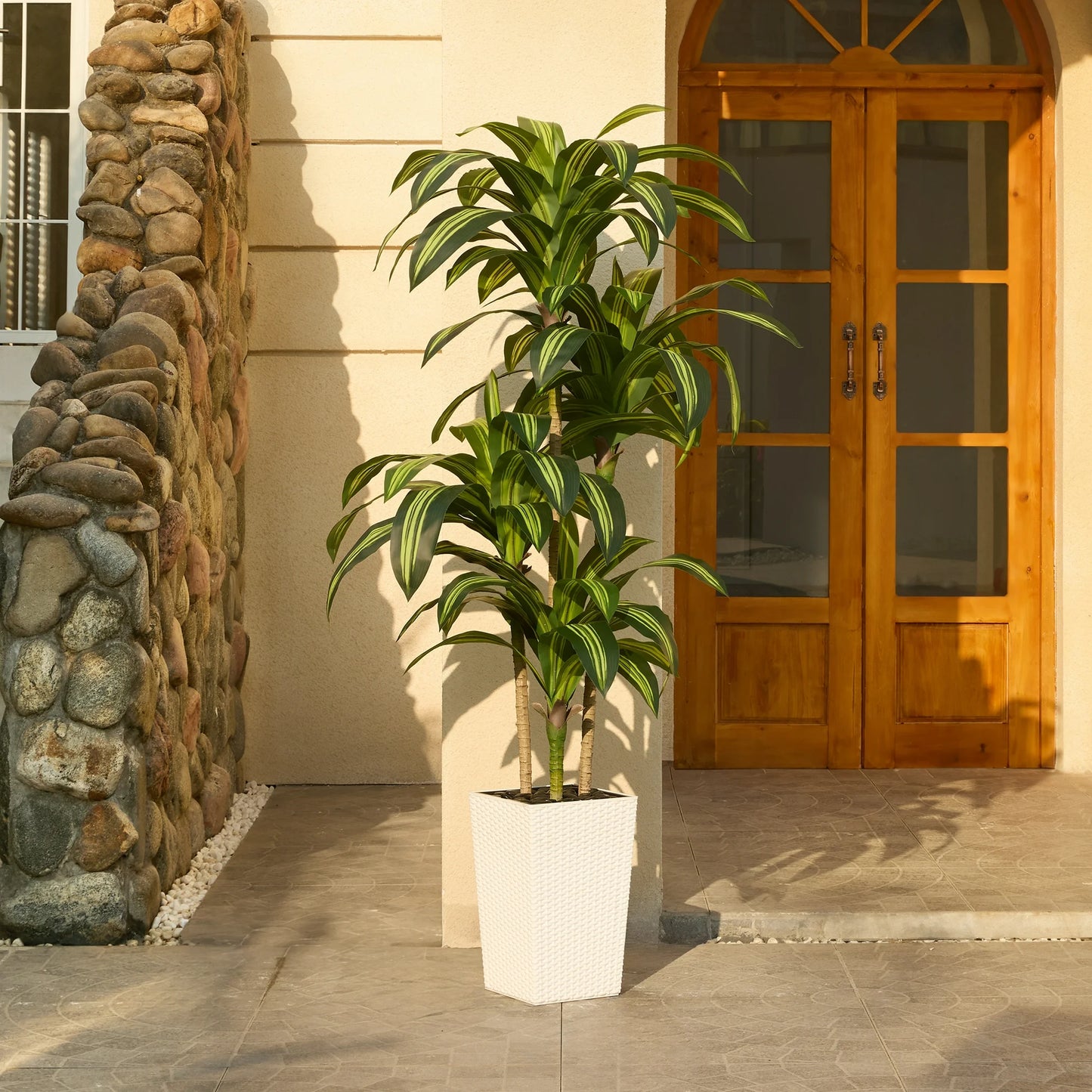 DR.Planzen 6FT Artificial Dracaena Tree with UV-Resistant Silk Leaves in White Tall Planter - Indoor/Outdoor Faux Plant for Home Office House Decor, Tall Fake Tree for Living Room Lobby  Patio