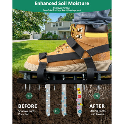 Lawn Aerator Shoes with Spring Base - Free-Installation Tool for Lawn Care - Automatic Leaf and Dirt Cleaning - Adjustable Laces - Perfect for Lawn, Yard, and Garden! (Black)