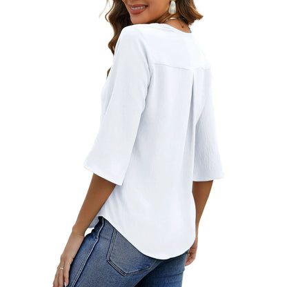 UVN Chiffon Blouses for Women Dressy Ruffle V Neck Tops Summer Casual Half Sleeve Shirts