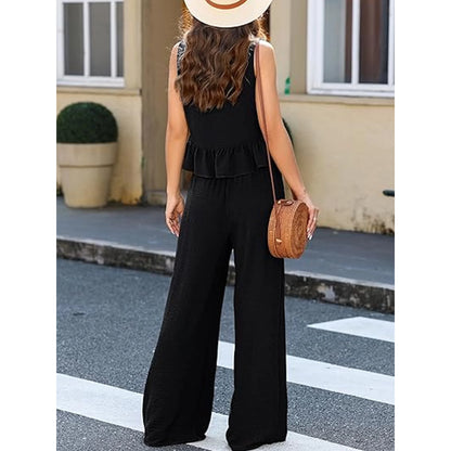SHIBEVER Outfit Sets for Women 2 Piece Sets Summer Casual Sleeveless Set Outfits with Pockets Round Neck Tank Tops Matching Sets for Womens Clothes Elastic Waist Wide Leg