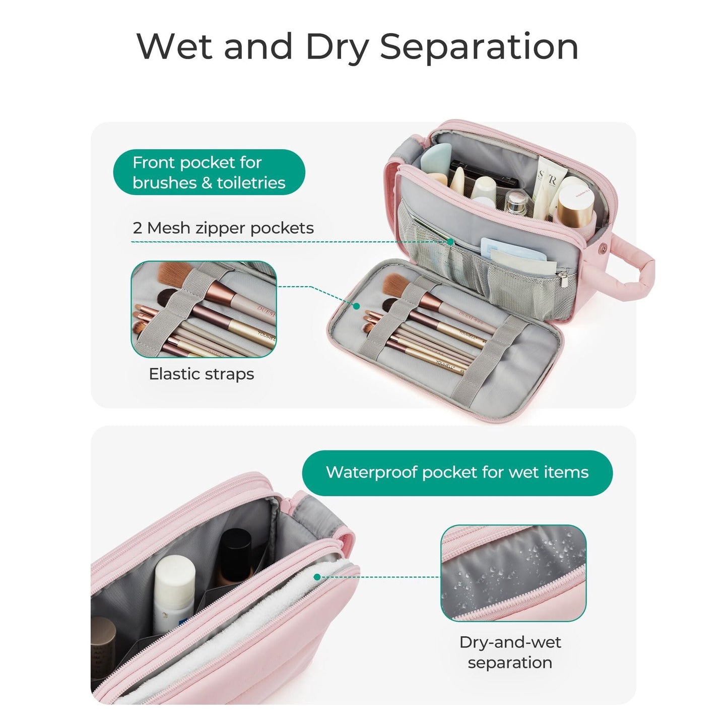 Travel Toiletry Bag for Women, Puffy Cosmetic Makeup Bag Organizer, Large Wide-open Travel Bag for Toiletries, Dopp Kit Water-resistant Shaving Bag for Accessories-Pink