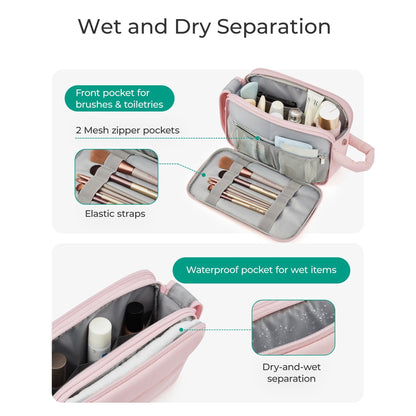 Travel Toiletry Bag for Women, Puffy Cosmetic Makeup Bag Organizer, Large Wide-open Travel Bag for Toiletries, Dopp Kit Water-resistant Shaving Bag for Accessories-Pink