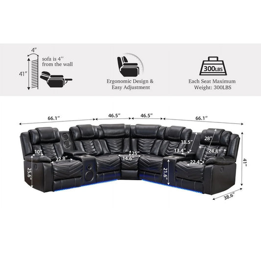 Othniel Power Reclining Sectional Couch with Bass Speaker Ambient Light USB Port,Cup Holder Black