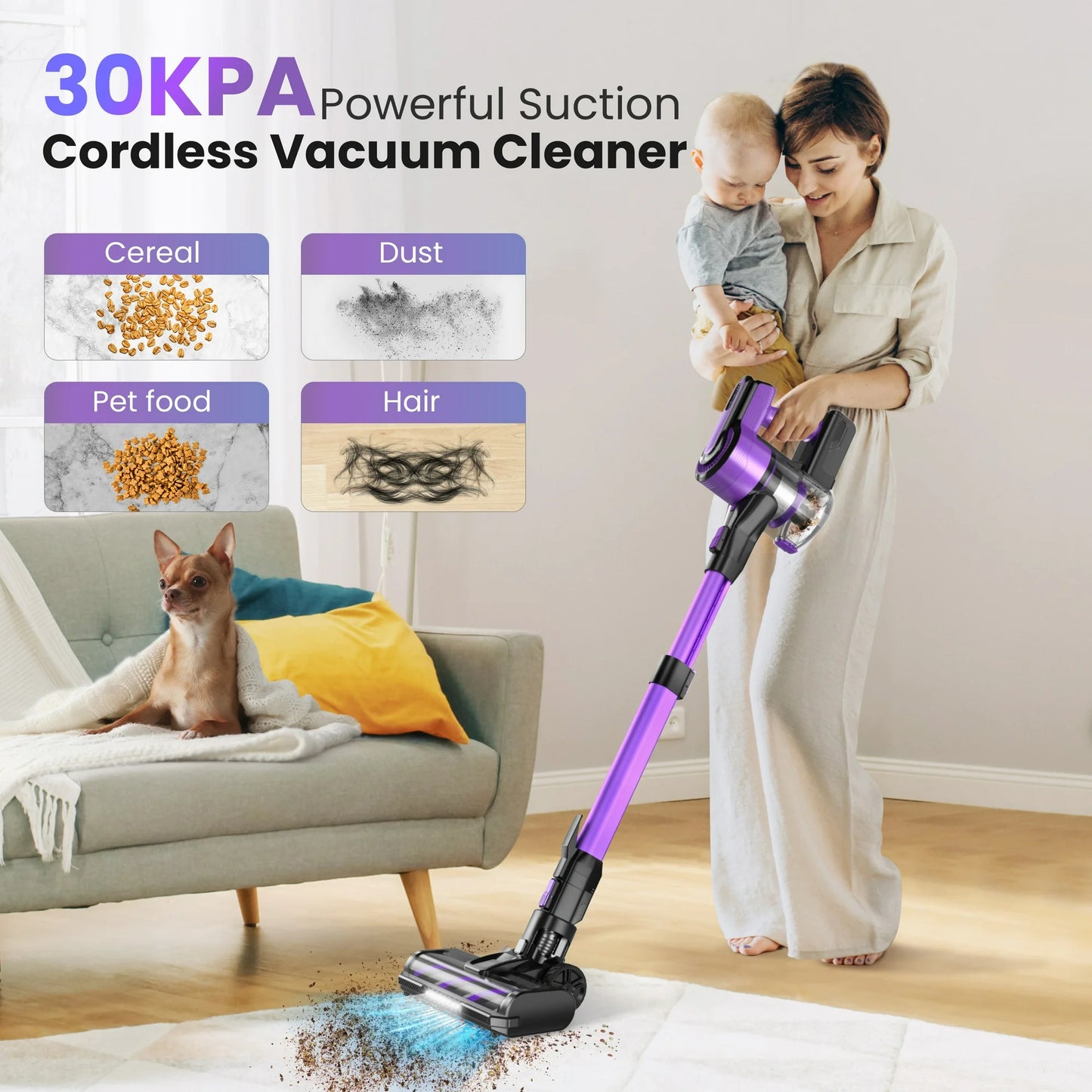 YOMA Cordless Vacuum Cleaner,30Kpa 60min Runtime Lightweight Stick Vacuum,8 in1 Self-Standing,Rechargeable Vacuum Cleaners for Pet Hair,Carpet,Hardwood Floor V870(Purple)