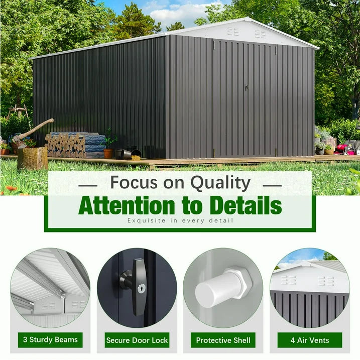 NETAJE 10'x14' Outdoor Metal Shed with Updated Frame, Lockable Doors & Sliding Roof for Backyard, Garden, White