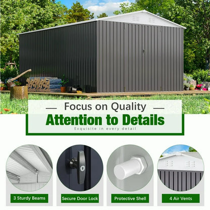 NETAJE 10'x14' Outdoor Metal Shed with Updated Frame, Lockable Doors & Sliding Roof for Backyard, Garden, White