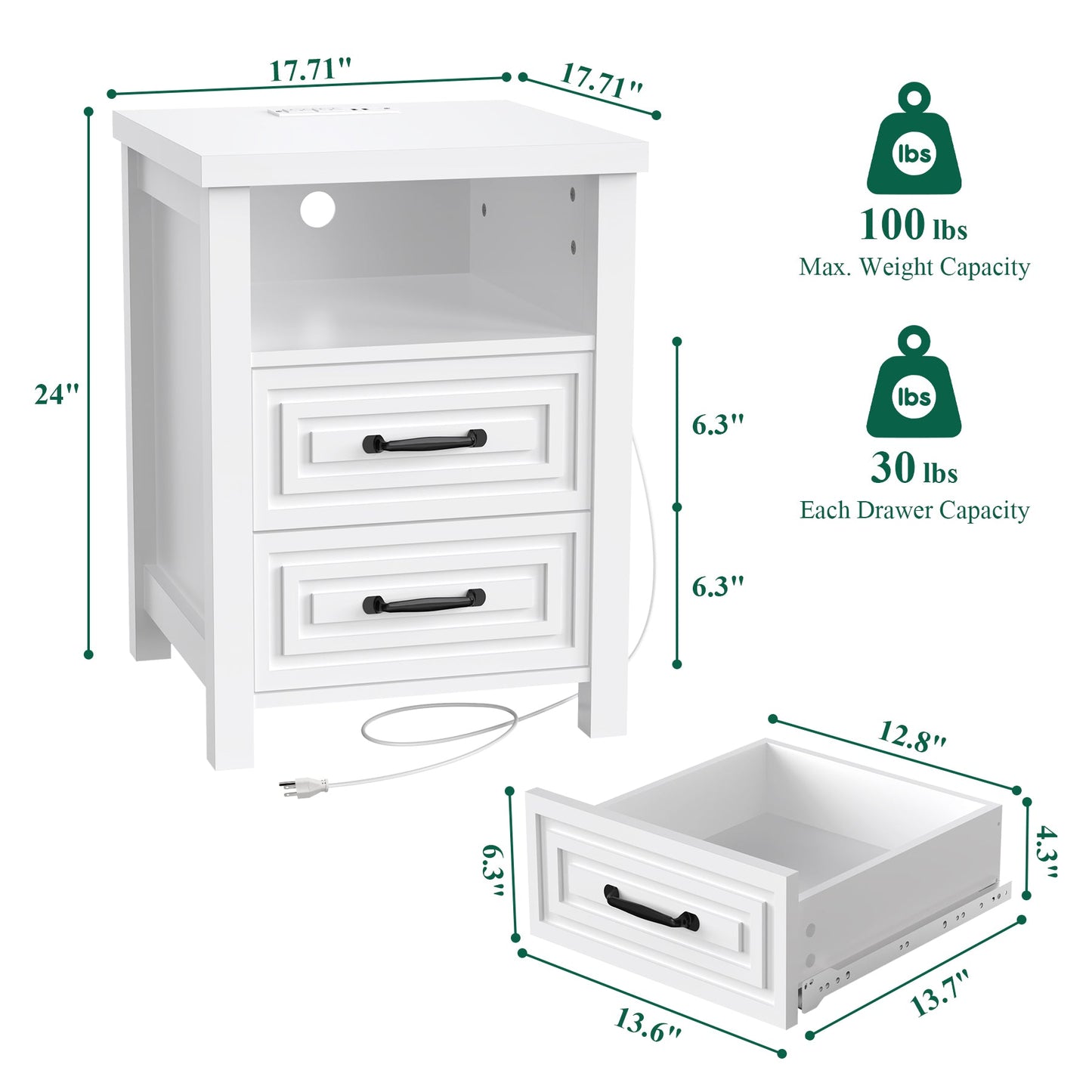 Nightstand with Charging Station Modern Bedside Table with 2 Wooden Drawers and Storage Shelves for Bedroom Living Room White