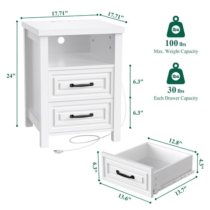 Nightstand with Charging Station Modern Bedside Table with 2 Wooden Drawers and Storage Shelves for Bedroom Living Room White