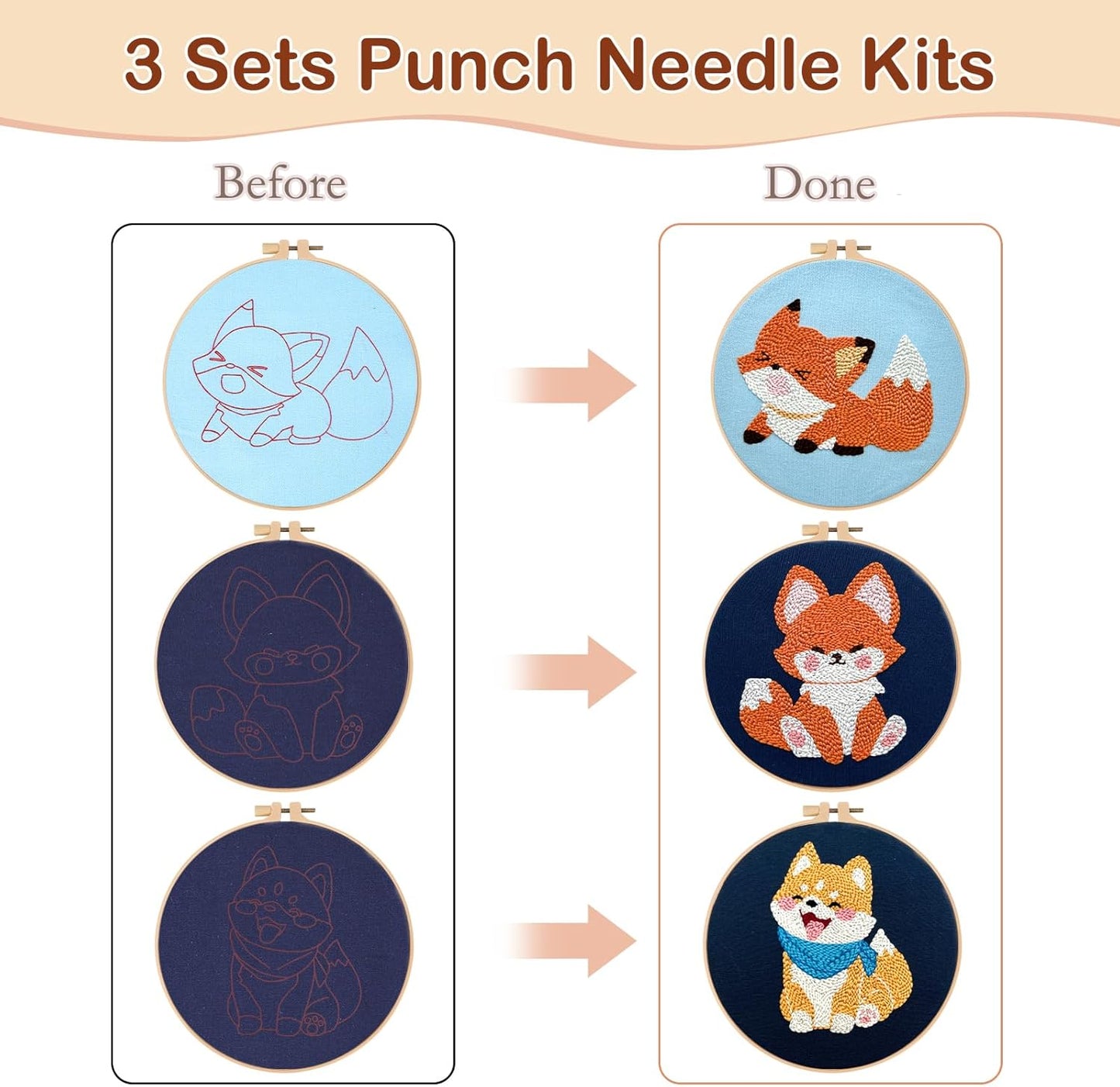 3 Pack Punch Needle Embroidery Kit for Beginners, Rug Hooking Starter Kit with Fox and Dog Pattern Stamped Cloth 3 Embroidery Hoops Woolen and Punch Needle, DIY Handicraft Crafts Kit