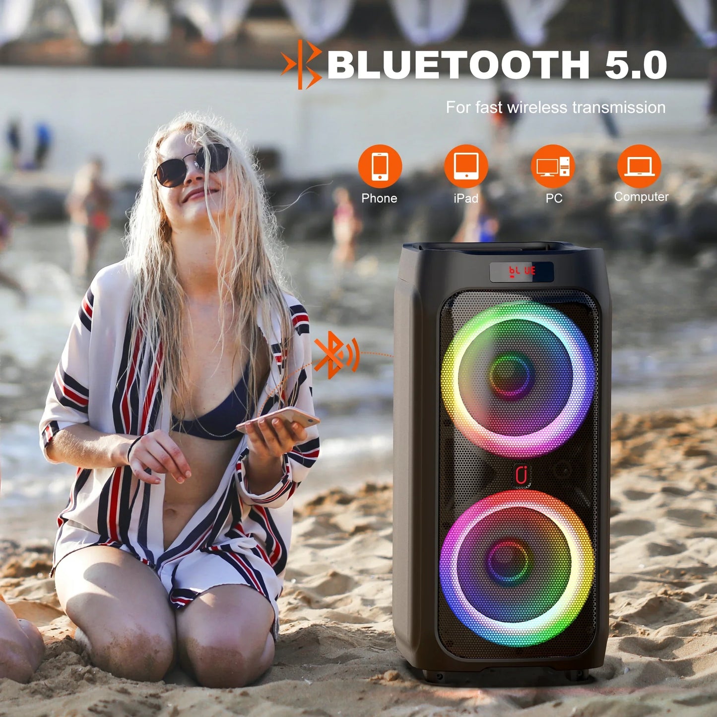 FanFun Karaoke Machine for Adults, 8" Big Bluetooth Party Speaker with 500W Peak Power, PA System with LED Disco Light for Party