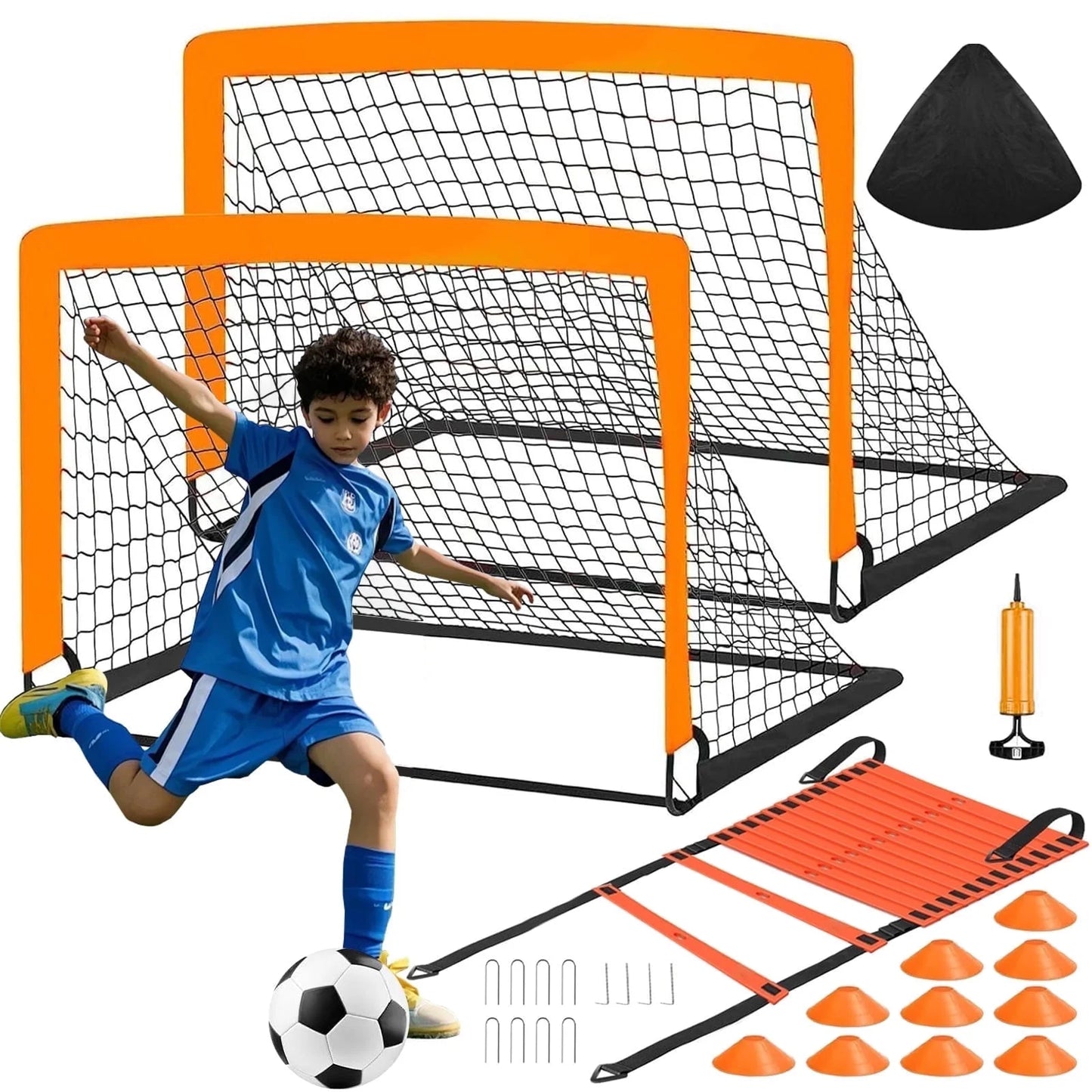 stusgo Kids Soccer Goals for Backyard Set, 2 Pack Pop Up Soccer Goal with Soccer Nets, 4x3 FT Soccer Goals, Includes Soccer Ball, Agility Ladder, Cones & Carry Bag, Perfect for Youth Outdoor Sports