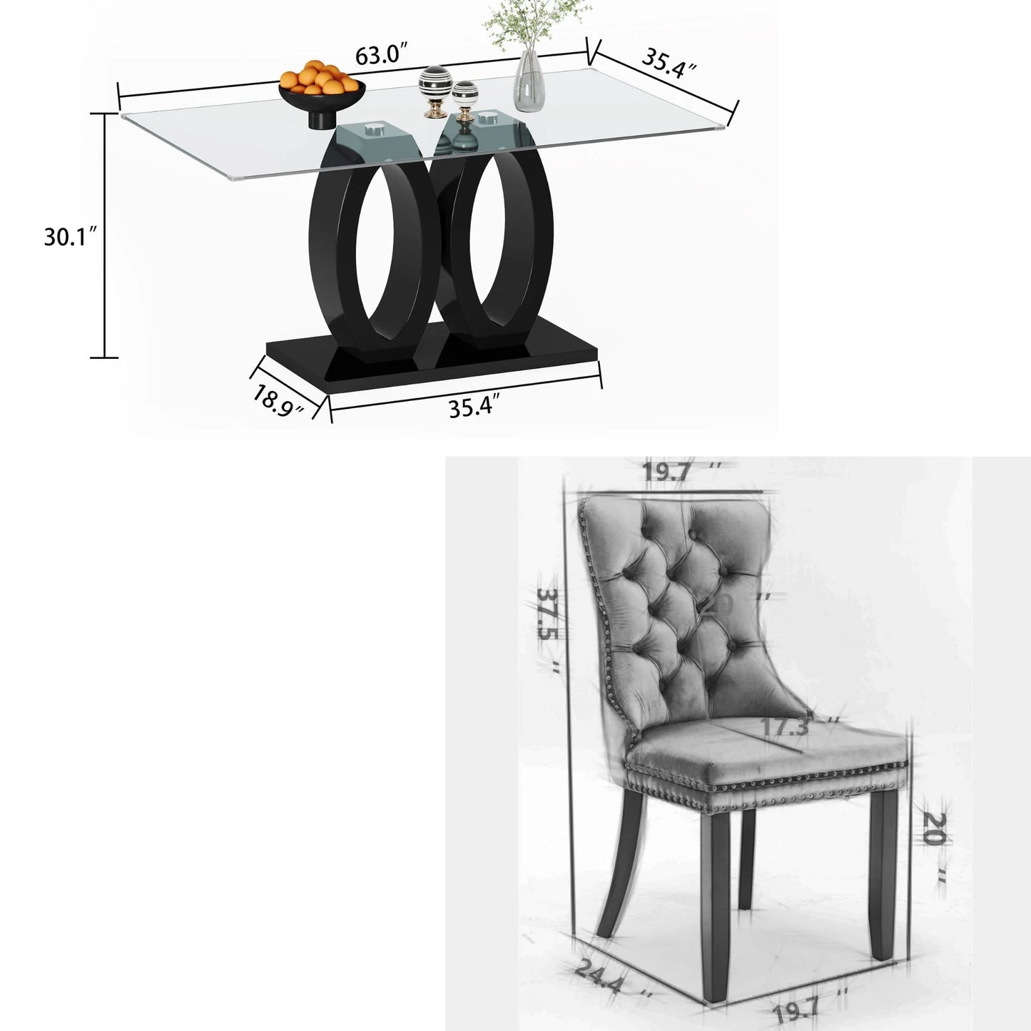 Sumdeal Contemporary 5-Piece Dining Table Set - 63" Tempered Glass Table with Black Double Pedestal Base & 4 Black Velvet Tufted Dining Chairs