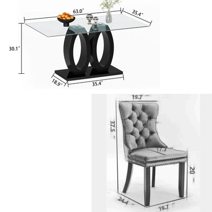 Sumdeal Contemporary 5-Piece Dining Table Set - 63" Tempered Glass Table with Black Double Pedestal Base & 4 Black Velvet Tufted Dining Chairs