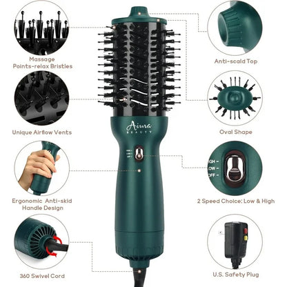 Aima Beauty Hair Dryer Brush Dual Voltage Worldwide Travel Blow Dryer Brush Hot Air Brush with Oval Barrel 360¡ãAirflow for Smooth,Negative Ionic Frizz-Free Drying/Straightening/Voluming, Dark Green