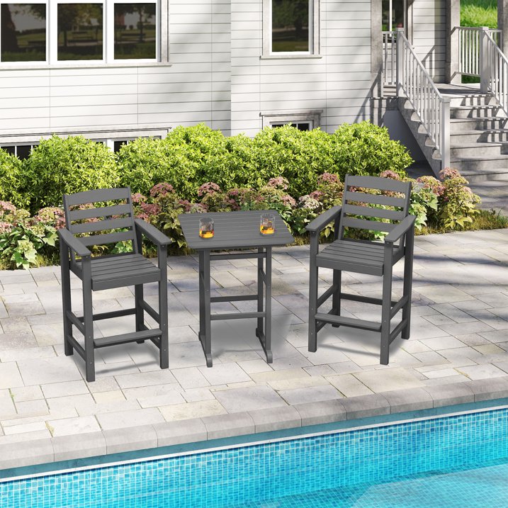HDPE Outdoor Patio Bar Set, Tall Adirondack Bar Chair and Table Set, Grey