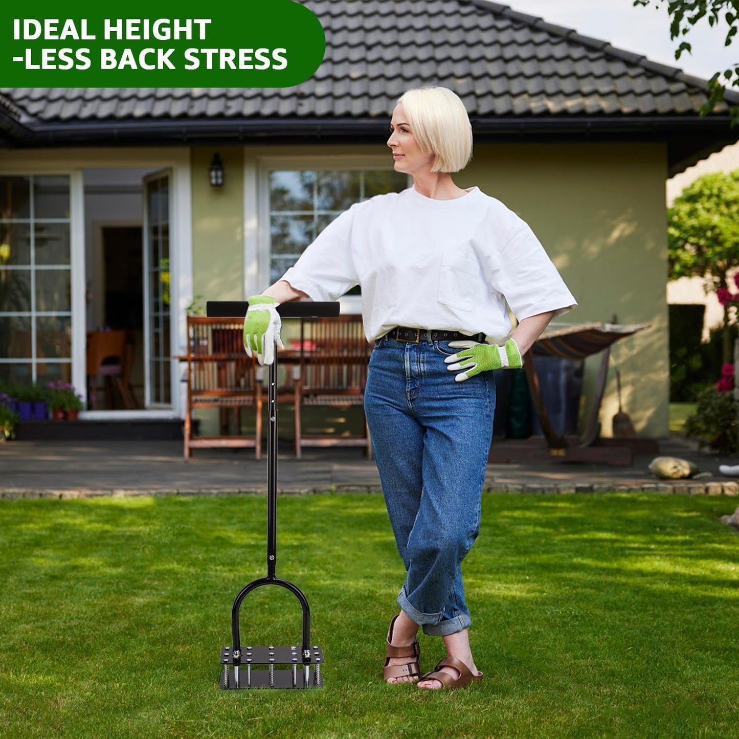 Manual Lawn Aerator Tool – Heavy-Duty Design with 15 Iron Spikes – Automatic Dirt and Leaf Cleaning – Height-Adjustable for Customized Use – Perfect for Aerating Lawns, Yards, and Grass (Black)