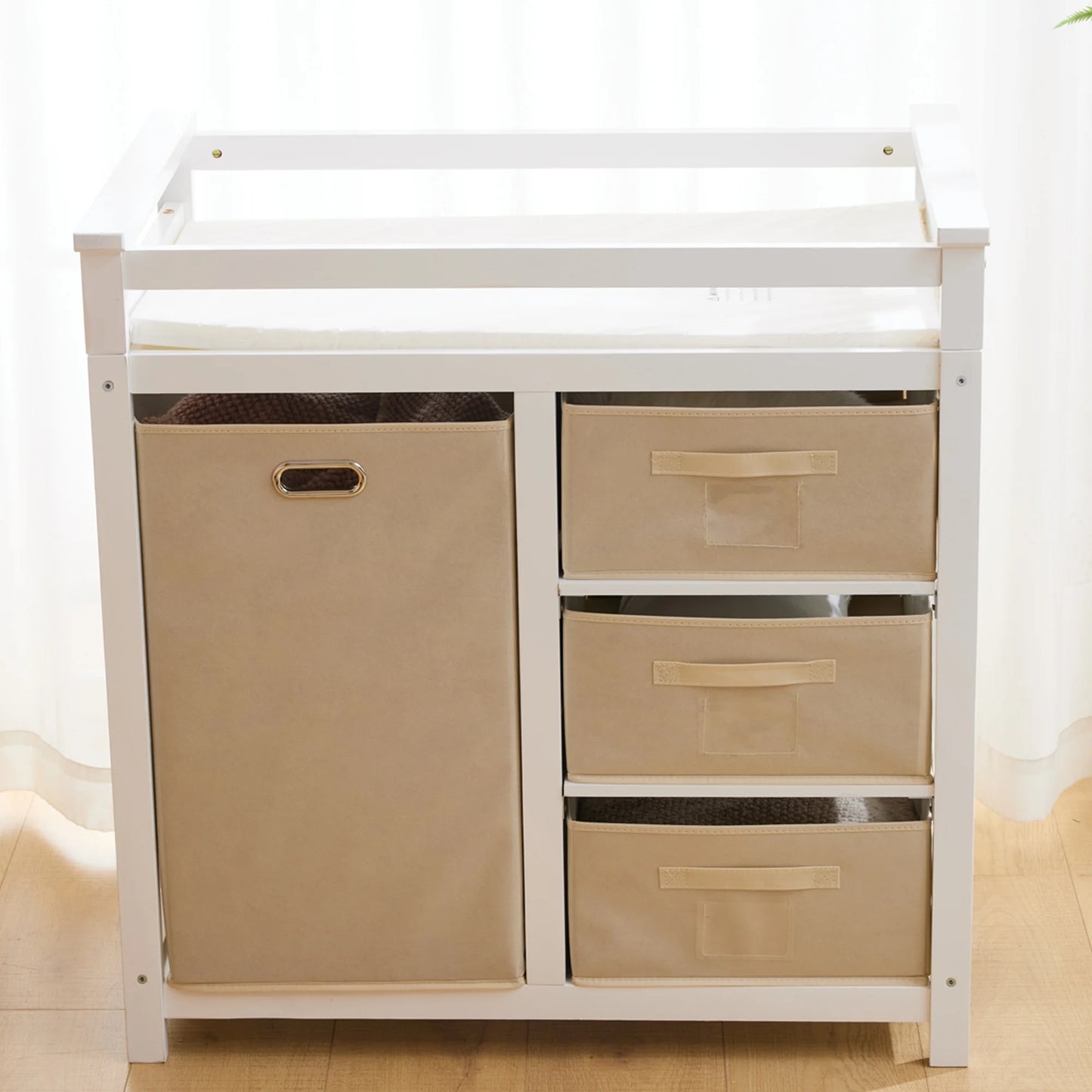 SESSLIFE Infant Changing Station with 3 Fabric Drawers & 1 Fabric Bag, Baby Dresser With Changing Table Top for Nursery, Easy Assembly, White