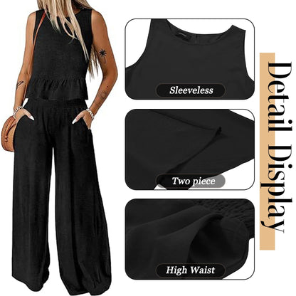 SHIBEVER Outfit Sets for Women 2 Piece Sets Summer Casual Sleeveless Set Outfits with Pockets Round Neck Tank Tops Matching Sets for Womens Clothes Elastic Waist Wide Leg
