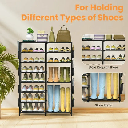 Shoe Rack, 8 Tier Large Shoe Organizer with 2 Side Pockets, Metal 22-26 Pairs Tall Shoe Storage Shelf, Shoe & Boots Cabinet for Closet Entryway Bedroom, Black