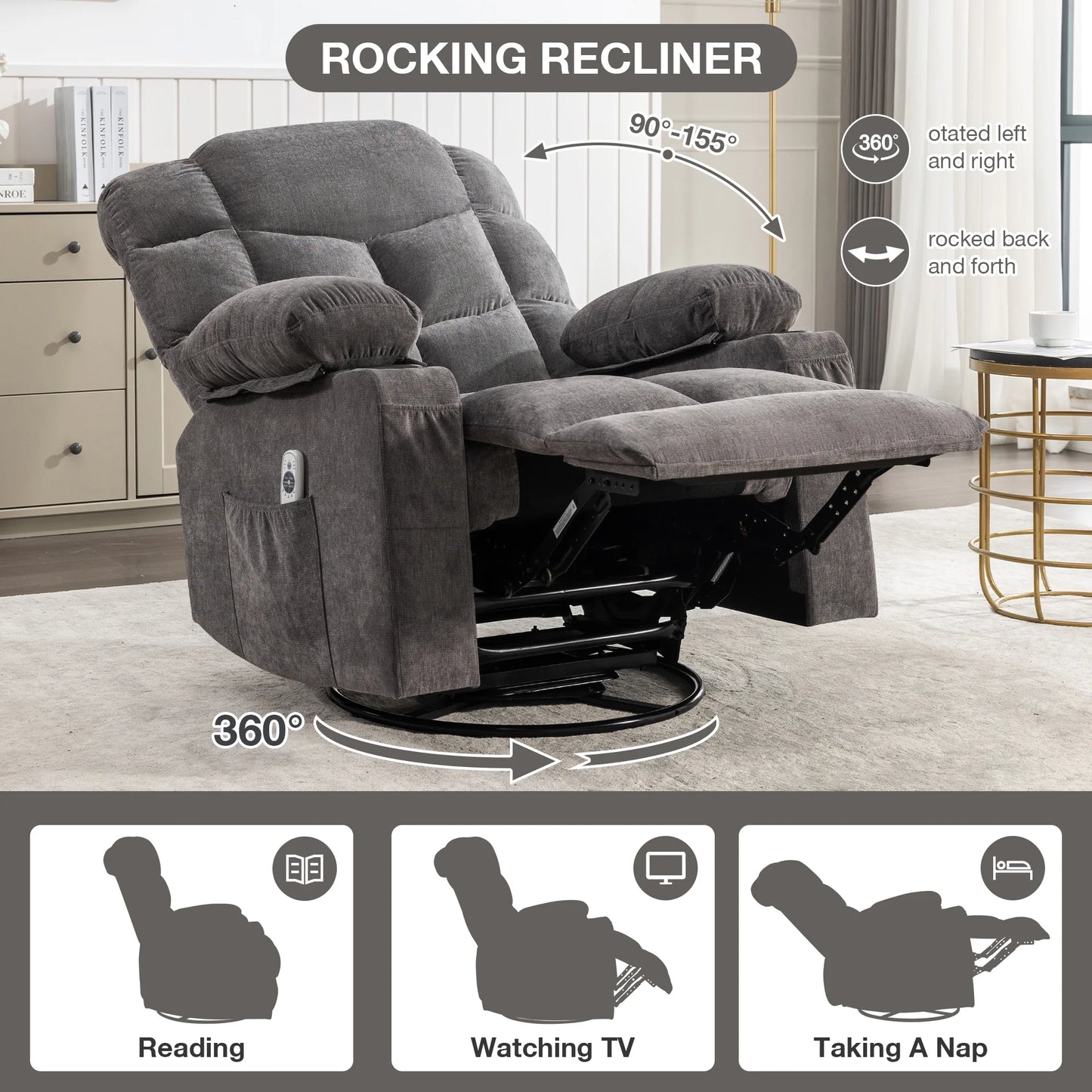 Swivel Recliner Chair with Massage and Heat, UHOMEPRO Manual Nursery Rocking Chair Single Sofa with USB, 2 Cup Holders, Living Room Lounge Chair with Side Pockets, Solid Wood Frame, Gray