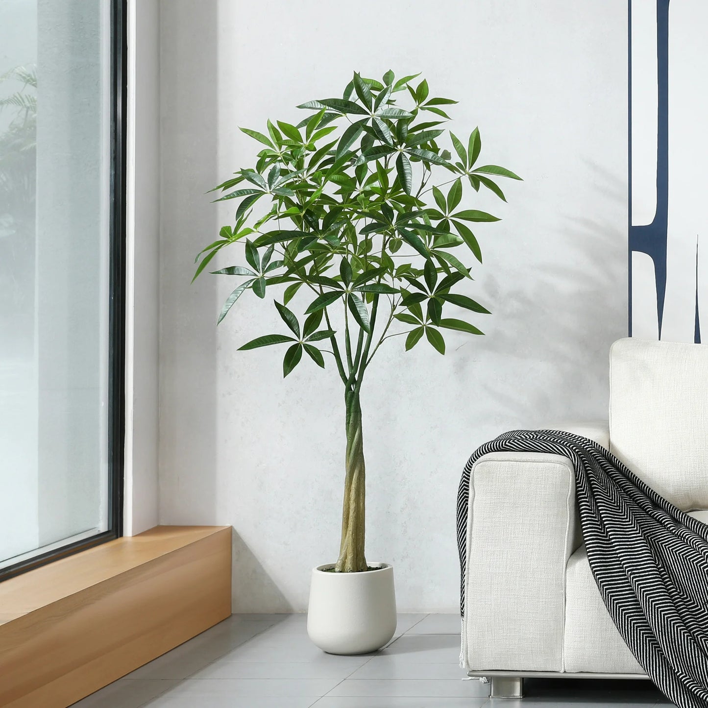 5ft Fake Ficus Tree with Oval White Planter, Pre Potted Faux Money Tree for Home Decor Office House Living Room Indoor Outdoor, Big Fake Plants Fake House Plants