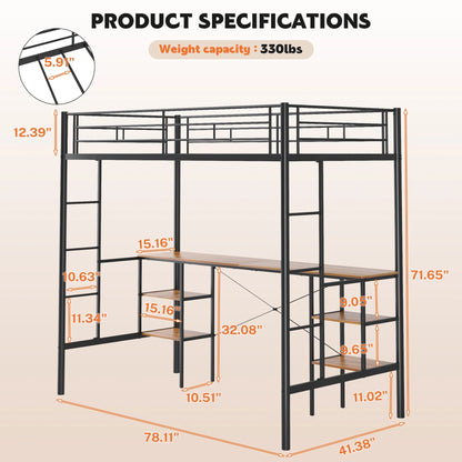 UHOMEPRO Twin Loft Bed with Desk, Metal Frame, 4 Storage Shelves, Ladders and Safety Rails, Black