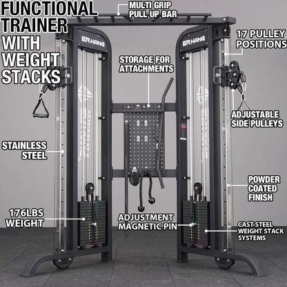 Syedee Functional Trainer with 352lbs Weight Stack, 2:1&1:1 Ratio System Cable Crossover Machine with Independent Double Pulley System, 2000lbs Multi-Functional Chest Fly Machine