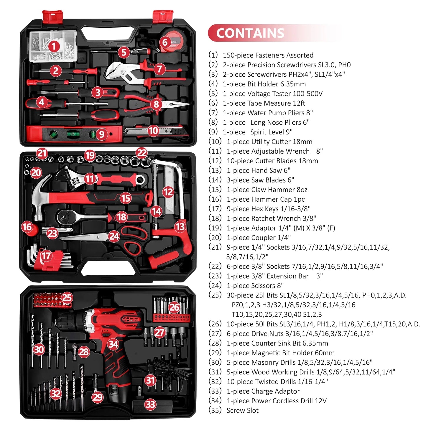 TOPHDY Tool Set with 12V Cordless Drill ,276 piece Tool Set Driver Toolbox Storage Case with Drawer, Professional House Repair Driver Set