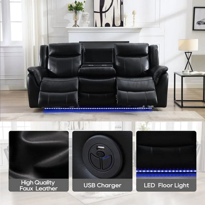 3-Seat Power Recliner Chair Sofa Set for Living Room,Black Faux Leather Electric Home Theater Seating Reclining Sofa Couch with Flipped Middle Backrest,LED Light,USB Port,Cup Holder,Wireless Charger