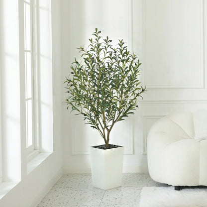 DR.Planzen 6ft Artificial Olive Tree with White Tall Planter, Realistic Silk Leaves UV Resistant Faux Indoor Outdoor Plant for Home Office House Decor