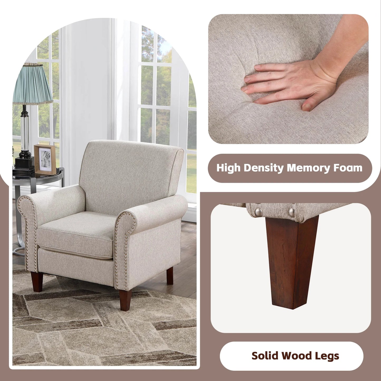 TrumanPick Linen Accent Chairs Upholstered Armchair with Nail-Head Trim Cozy Arm Chair for Living Room Bedroom,Beige