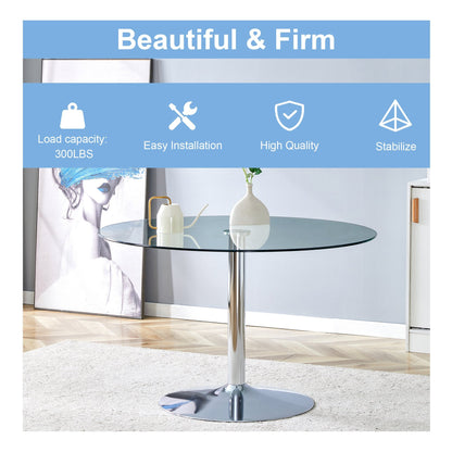 47" Modern Round Bar Style Dining Table Set with 4 Velvet Upholstered Chairs,Silver Leg Glass Table with 4 Black Chairs with Silver Leg