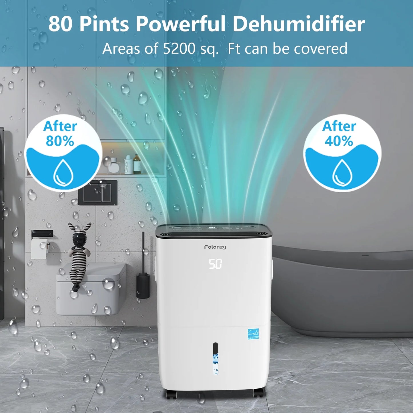 Folanzy 80 Pints Smart Dehumidifier for Home Basement Large Room Spaces up to 5,200 Sq. Ft with Drain Hose and Water Tank