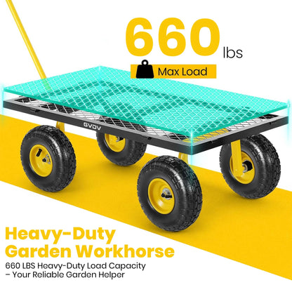 GVDV Heavy Duty Steel Garden Cart with Liner, 660lbs Capacity, 3 Cu ft, 10 All-Terrain Wheels, Black/Yellow – Durable Utility Cart for Yard Work, Hauling, and Outdoor Use