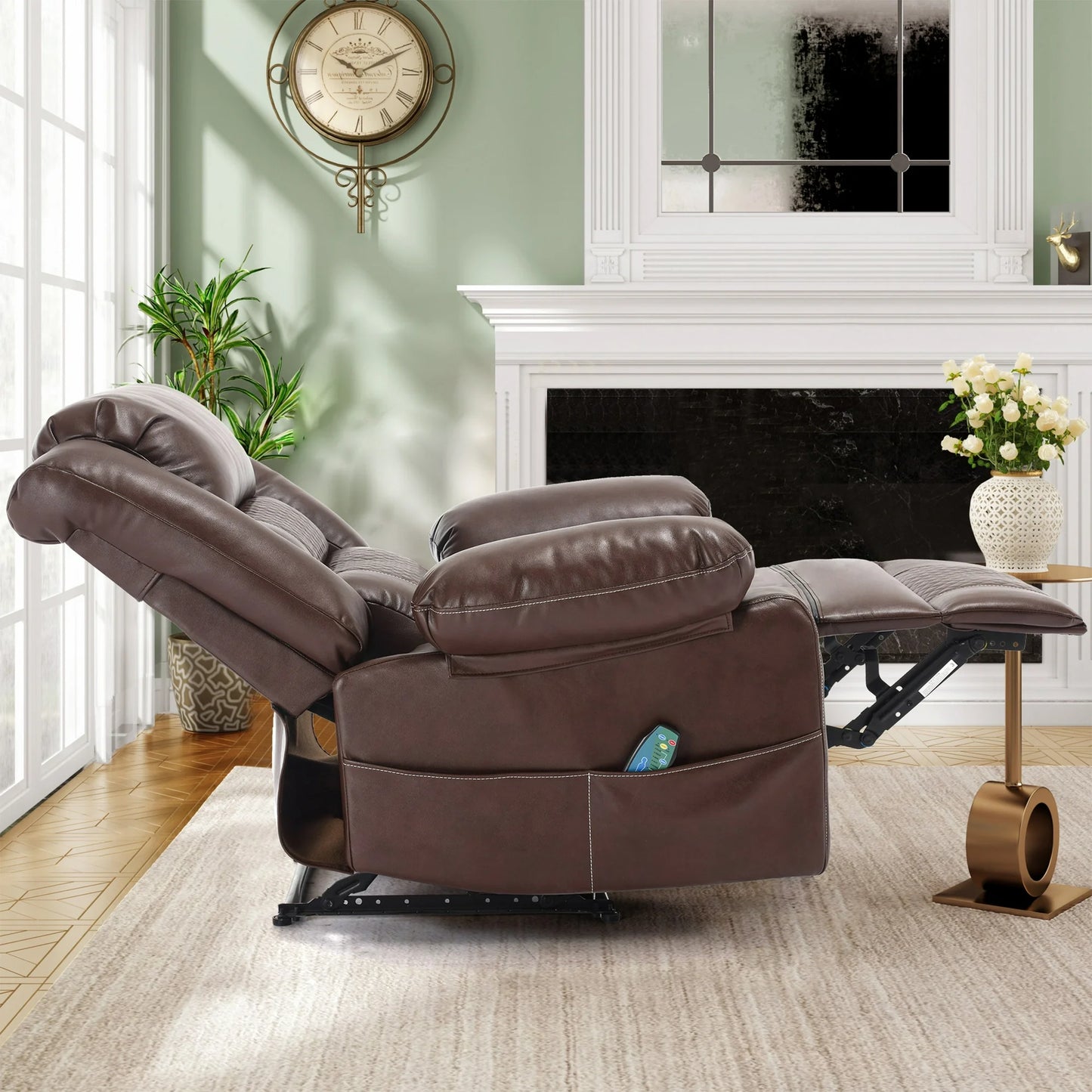 UHOMEPRO Breathable Leather Massage Recliner, Oversize Manual Recliner Chair with Side Pockets, Recliner Adjusted from 90° to 160°, Brown