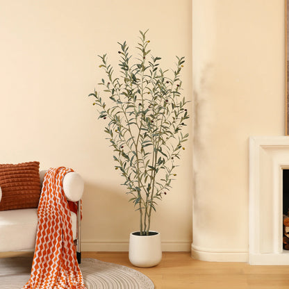 6ft Fake Plastic Olive Tree with Oval White Planter, Pre Potted Faux Greenry Plant for Home Decor Office House Living Room Indoor Outdoor, Big Fake Plants Fake House Plants