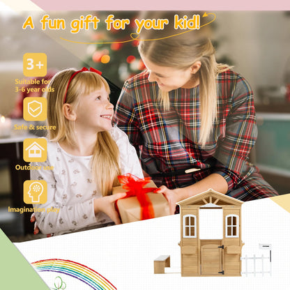 COCLUB Play House for Kids Ages 4-8, Outdoor Wooden Playhouse with Play Kitchen, Snack Bar, Picnic Bench, Mailbox, Flowerpot Holders, 39" x 38" x 55.5"