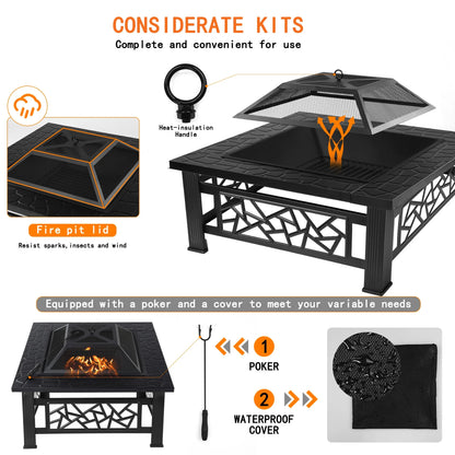 UHOMEPRO 32" Square Fire Pit Table, Portable Wood Burning Outdoor Firepit with Grill & Accessories, Geometric Design for Patio, Backyard, Camping (Black)