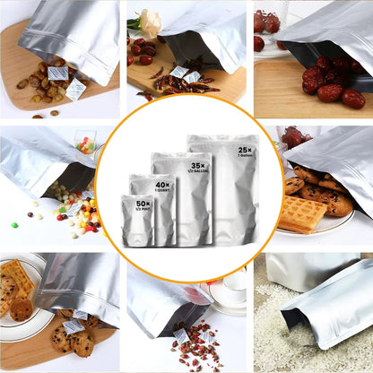150Pcs Mylar Bags, 4 Size Smell Proof Bags with 150x300cc Oxygen Absorbers, 180 Labels for Small Business and Food Storage (50 Bags 4.3"x6.3", 40 Bags 6"x9", 35 Bags 7.5"x11.5", 25 Bags 10"x14")