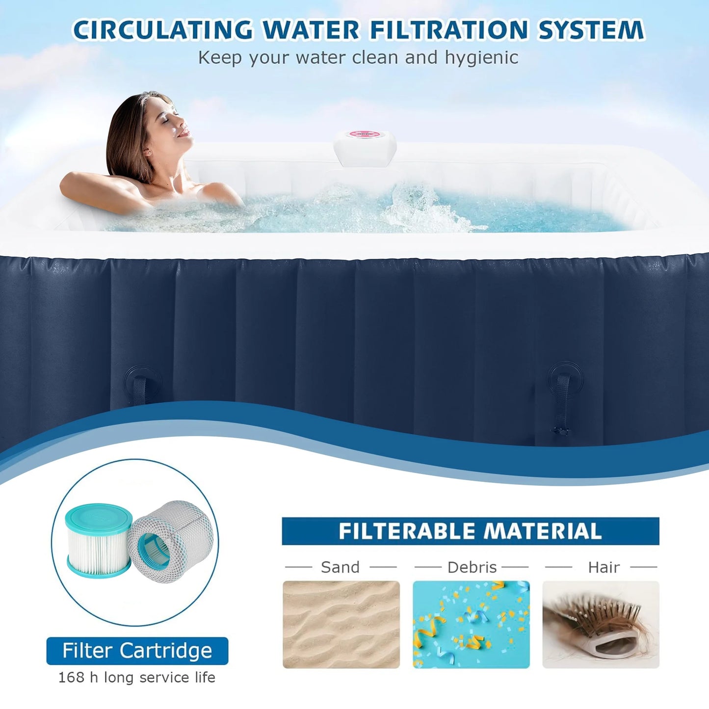 73 Inch 4-6 Person Inflatable Hot Tub Spa with Control Panel, Outdoor Portable Hottub with 130 Jets, Insulated Tub Cover and Floor Protector, Temperature up to 104, Blue