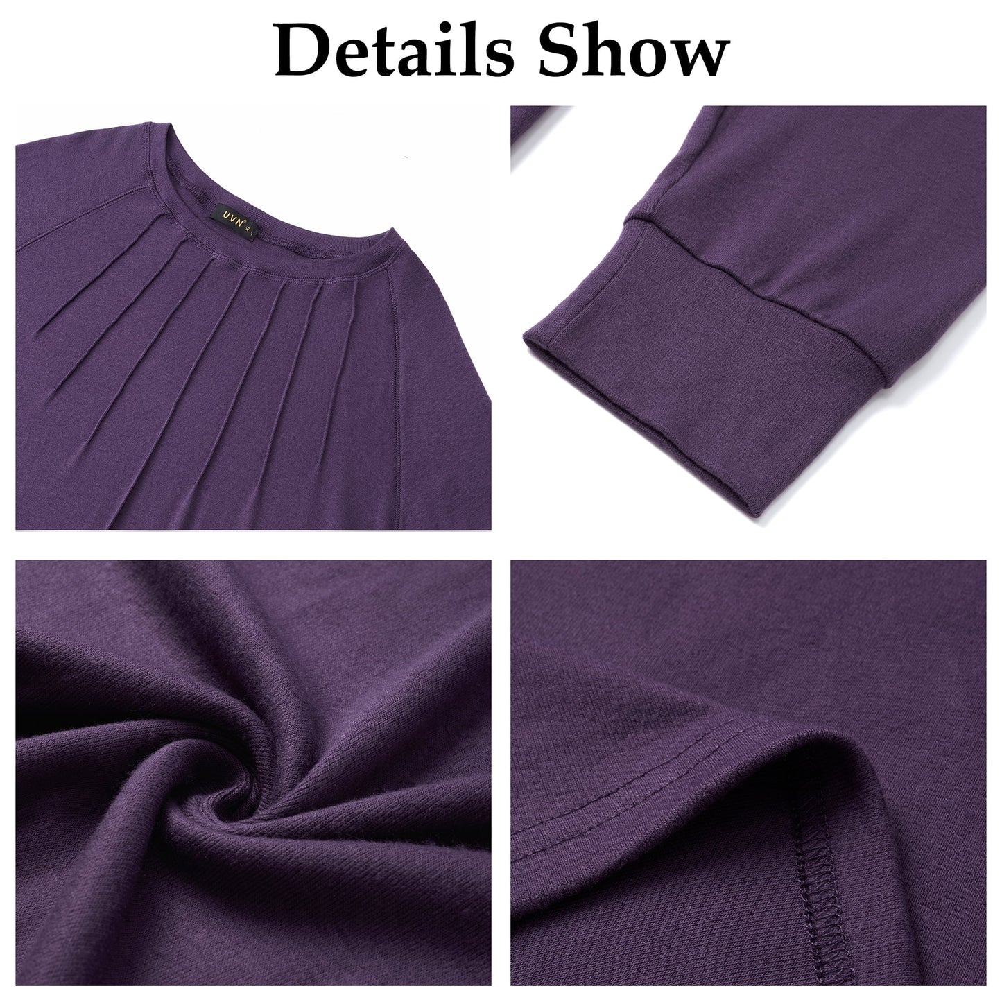 UVN Pleated Womens Blouses Crewneck Long Sleeve Shirts Casual Dressy Tunic Tops