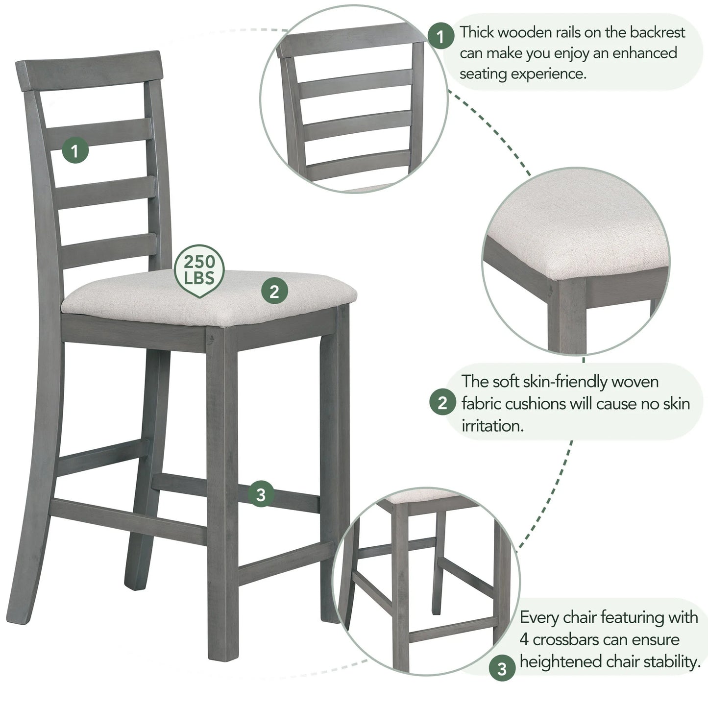 EUROCO 5-Piece Dining Table Set for 4, 59.6" Counter Height Kitchen Table Set with 4 Upholstered Chairs,Integrated 9 Bar Wine Compartment and Wineglass Holders for Dining Room and Kitchen,Gray