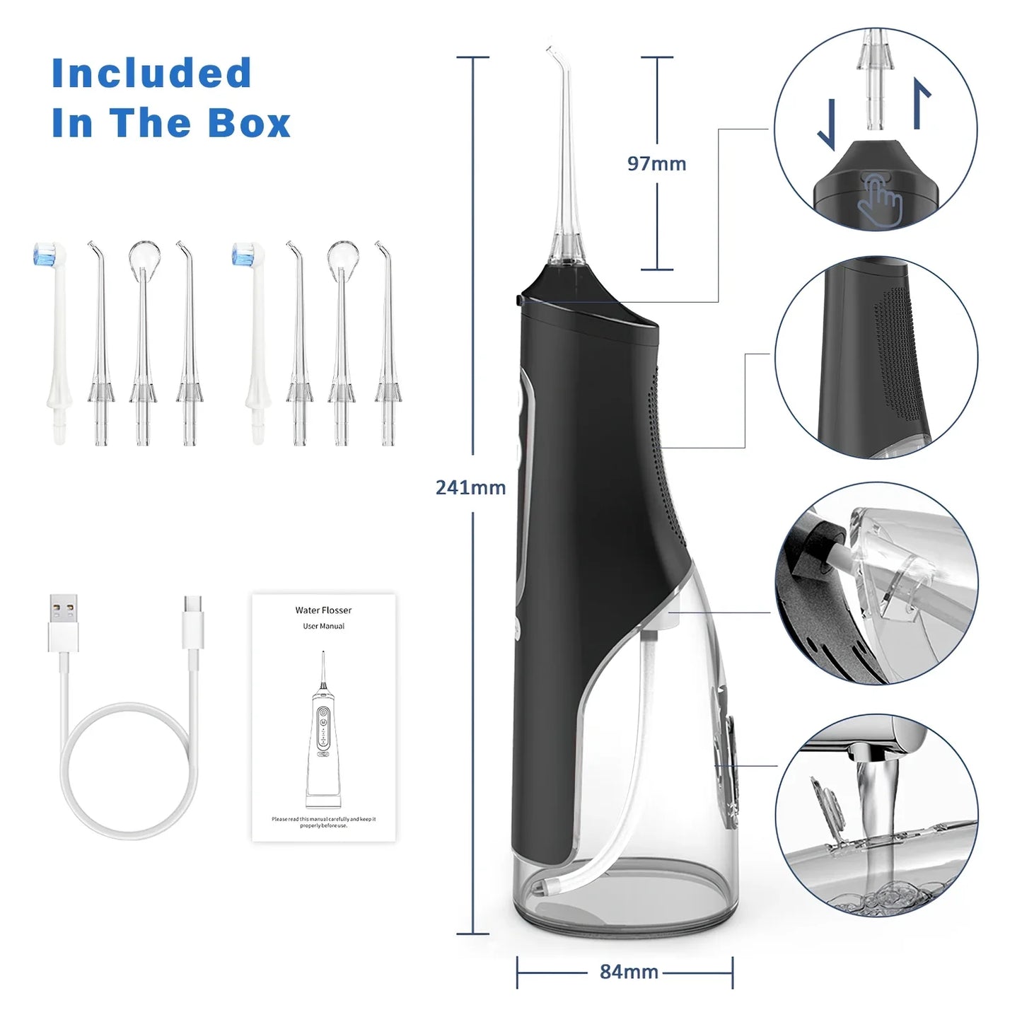 300ML Water Dental Flosser Cordless for Teeth, LCD Display Portable Water Flosser Cleaner Picks with 9 Modes 8 Jet Tips, IPX7 Waterproof Electric Flosser Oral Irrigator for Home Travel Office