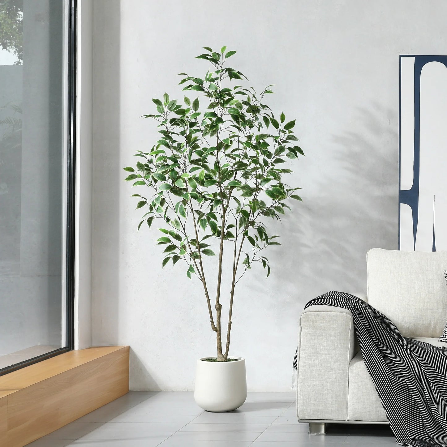 6ft Fake Ficus Tree with Oval White Planter, Pre Potted Faux Greenry Plant for Home Decor Office House Living Room Indoor Outdoor, Big Fake Plants Fake House Plants