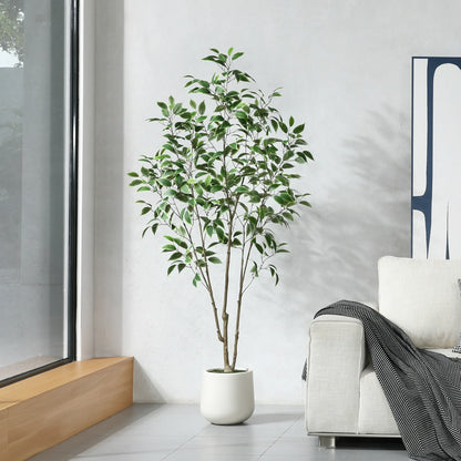 6ft Fake Ficus Tree with Oval White Planter, Pre Potted Faux Greenry Plant for Home Decor Office House Living Room Indoor Outdoor, Big Fake Plants Fake House Plants
