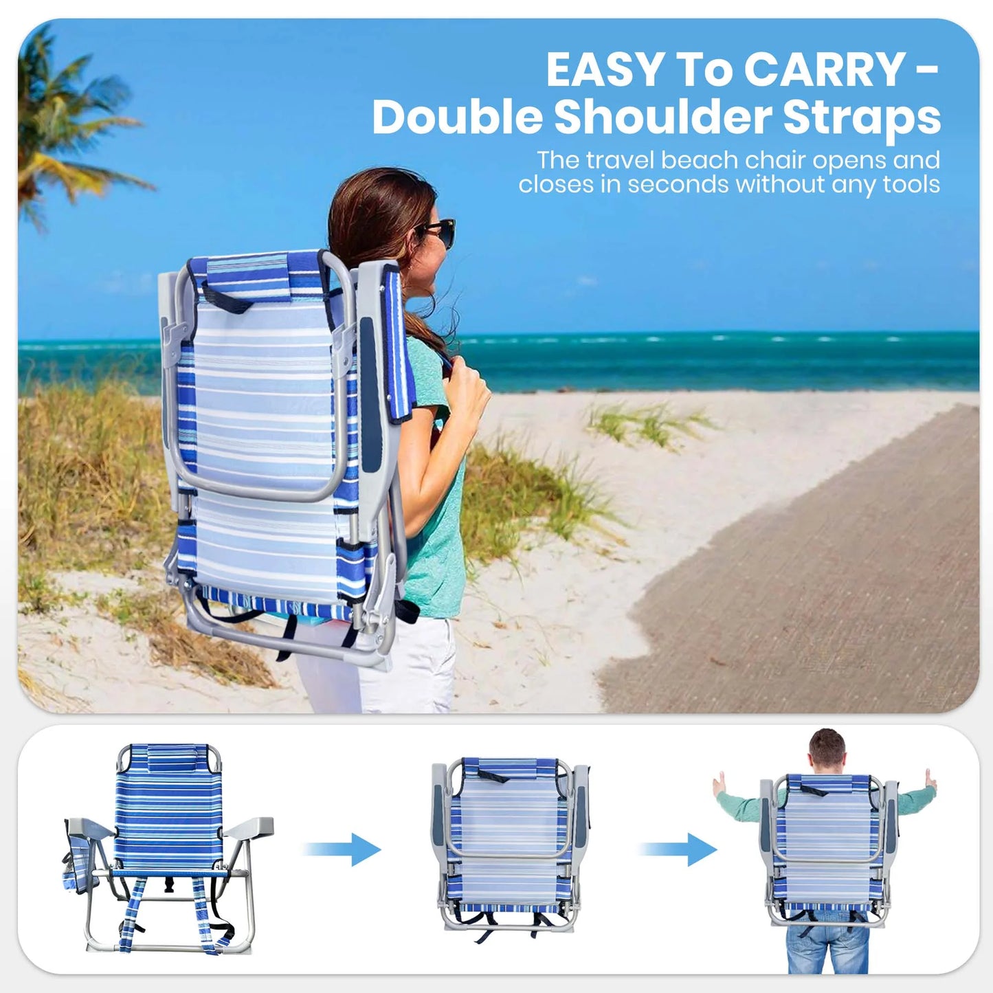 GVDV Backpack Beach Chair for Adults, Portable Folding Beach Chair with Storage Pouch and Pillow, Reclining Chair for Beach, Camp, Outdoor