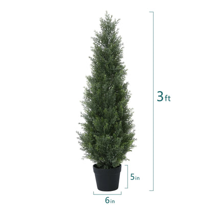 2 Pack 3ft Artificial Cedar Topiary Trees for Outdoors, Fake Cypress Plants with Solar Light String, Faux uv resistant Plants for Home Front Porch Decor, Housewarming Gift