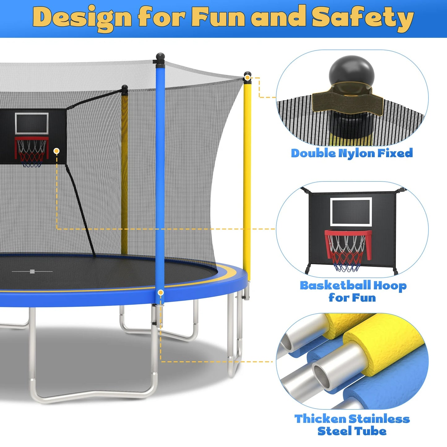 14ft Trampoline with Basketball Hoop, SEGMART Upgraded Round Kids Outdoor Trampoline with Enclosure, Heavy-Duty Backyard Trampoline for Adults and Kids, Blue